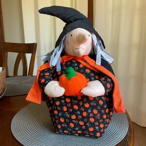 Hand Crafted Winnie the Witch Stuffed Fabric Halloween Doll w Pumpkin and Broom